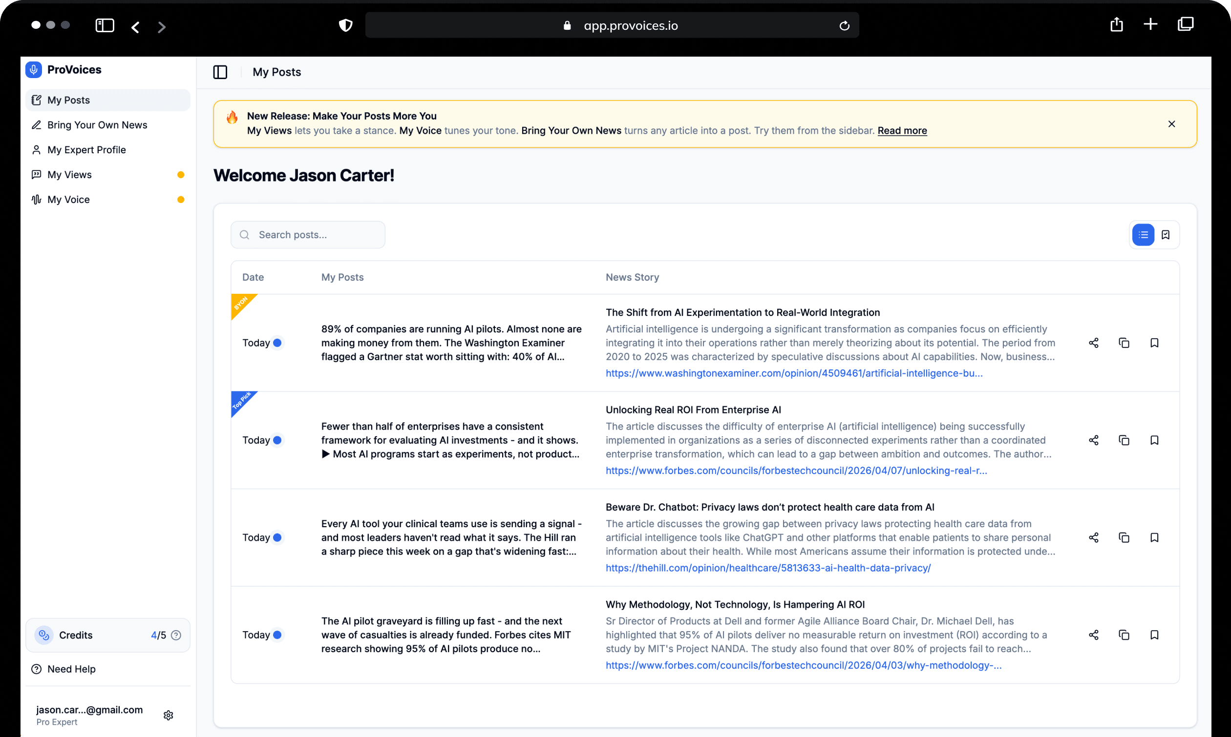 ProVoices dashboard showing a list of ready-to-publish LinkedIn posts, each paired with the news story behind it